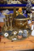 Large brass serving tray and various brass candlesticks, shell cases, horse brasses etc