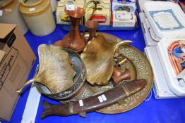 Mixed Lot: Various copper, brass and other items to include serving trays, jardiniere, jugs etc