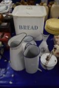 Enamel bread bin and various other white enamel wares to include a vintage inhaler