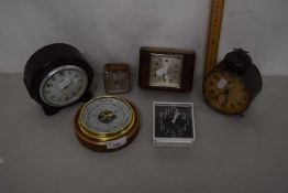 Group of various vintage bedside clocks, small barometer etc