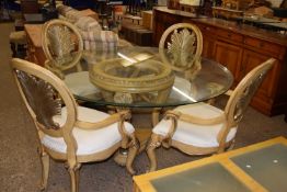 Modern classical style glass top dining table with four accompanying gilt finish dining chairs
