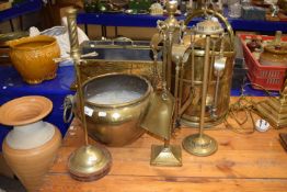 Mixed Lot: Various brass wares to include fire tools, coal bucket, magazine rack, jardiniere etc