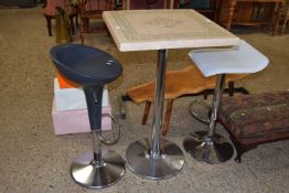Modern metal base pedestal bar type table and two stools (3)