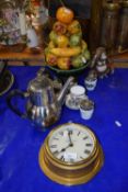 Mixed Lot: Porcelain model fruit, brass cased wall clock, egg coddlers, tea set etc
