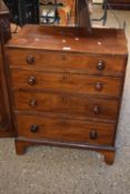 A small 19th Century mahogany four drawer chest with turned knob handles and bracket feet, 68cm