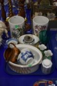 A tray of Portmeirion Botanic Gardens storage jars, various tea bowls, ceramics, turquoise rummer