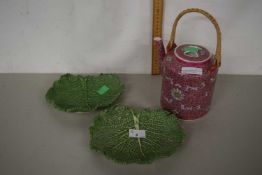 Two leaf formed dishes together with a reproduction Chinese teapot