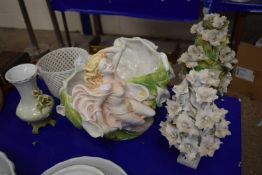 Mixed Lot: Porcelain flowers, large Italian floral encrusted jardiniere and other pieces (5)