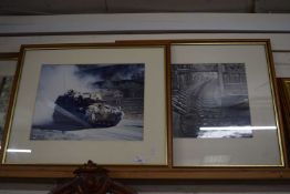A photographic print of a tank together with a photographic study of a military factory scene