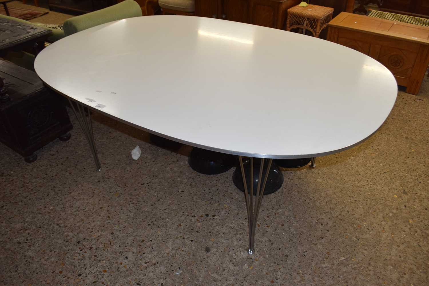 Fritz Hansen, modern Danish oval dining table on tapering metal legs, 180cm wide