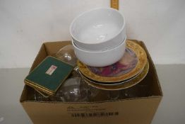 Box of various assorted glass wares, place mats, decorated plates etc