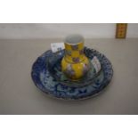 Mixed Lot: Two Japanese bowls decorated with birds and a further Oriental yellow glazed vase