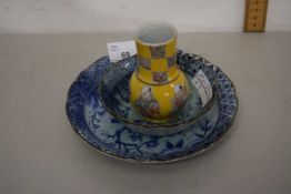 Mixed Lot: Two Japanese bowls decorated with birds and a further Oriental yellow glazed vase
