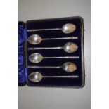 Set of six Korean white metal and enamel coffee spoons, stamped to the reverse Silver Korea