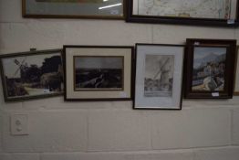 Group of framed vintage photographs, monochrome print of Cley Mill and a small continental oil on