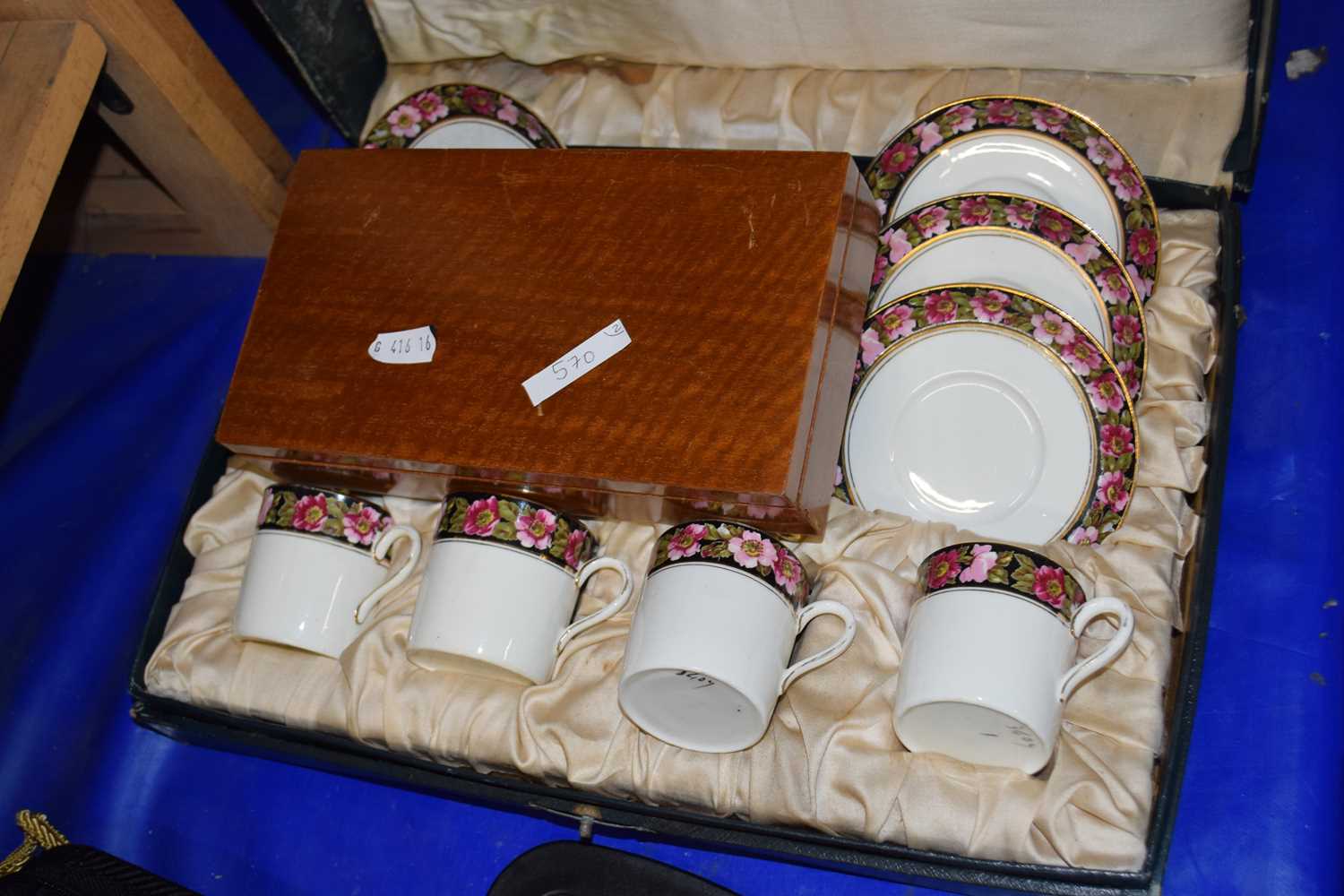 An Allertons boxed coffee set together with a wooden cigarette box