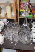 Cut glass decanter with glasses and further glass bowls