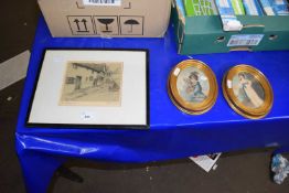 Two small 19th Century prints in gilt frames together with Cecil Aldin etching The George Inn,