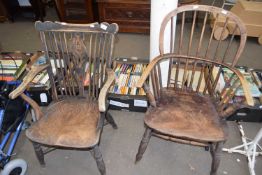Two 19th Century stick back and elm seated chairs, requiring restoration