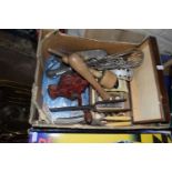 Box of various vintage scales, kitchen utensils and other items