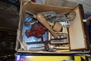 Box of various vintage scales, kitchen utensils and other items