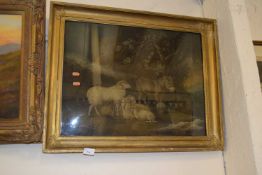 B Zobel, coloured print, sheep and a donkey, gilt framed