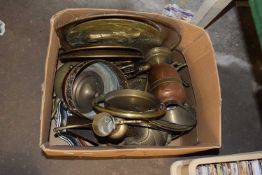 Box of various copper and brass wares including a range of various chargers, jugs etc