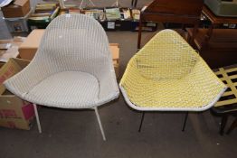 Mid Century Lloyd Loom type woven chair together with a further metal framed plastic mesh woven