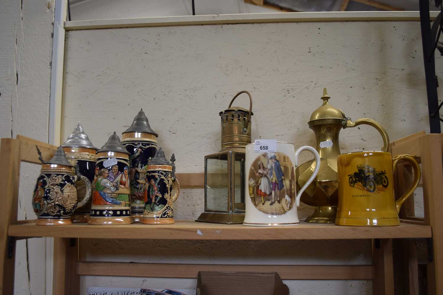 Mixed Lot: German beer steins, lantern, brass teapot etc