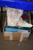 Two boxes of various curtains, fabric etc