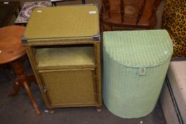 A Lloyd Loom type linen basket and similar bedside cabinet