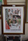 Jason Robinson, signed photographic print with commemorative England Rugby stamps, framed and