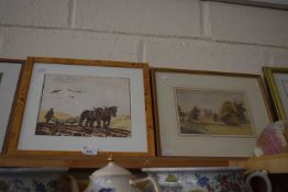 Framed study of a ploughing scene together with small watercolour scene of a distant castle,