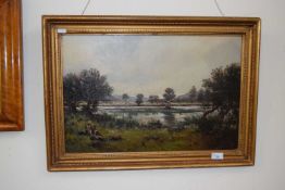 Early 20th Century school study of figures before a river, oil on canvas, relined, initialled to