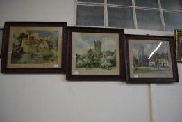 A group of three oak framed prints, cathedral and country scenes