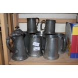 Collection of various pewter tankards