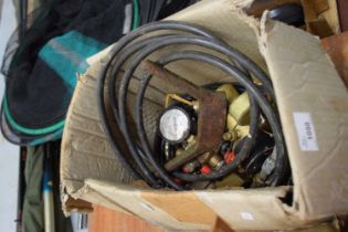 Box of mixed pressure gauges, pipes etc