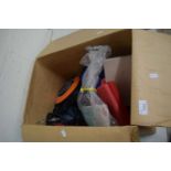 Mixed box of garage clearance items to include extension leads, mitre cutters etc