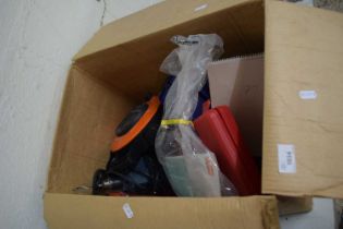 Mixed box of garage clearance items to include extension leads, mitre cutters etc