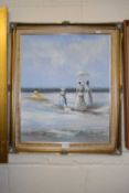 A contemporary oil on canvas study of figures at the beach, gilt framed