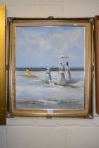 A contemporary oil on canvas study of figures at the beach, gilt framed