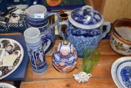 A group of various German pottery jugs, Rumtopf pot, Imari vase and other items