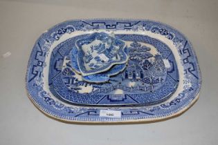 A group of blue and white wares to include Willow pattern meat plate, pickle dishes, strainer etc (