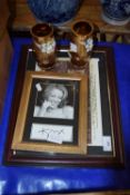 Mixed Lot: Reproduction Manchester United Team photograph, a pair of gilt decorated glass vases
