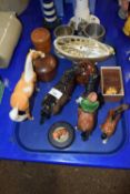 Tray of mixed items to include damaged Beswick horses, pewter tankards etc