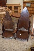 Jack Grimble, a pair of high back throne style oak chairs, one with arms, one without, both signed