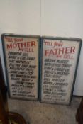 Two painted advertising boards marked Tell Your Mother We Sell and Tell Your Father We Sell, 82cm