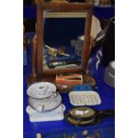 Mixed Lot: Dressing table mirror, enamel chamber sticks, hand mirrors, soap dish etc