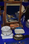 Mixed Lot: Dressing table mirror, enamel chamber sticks, hand mirrors, soap dish etc