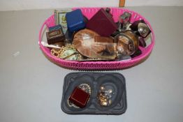 A box of various assorted costume jewellery, playing cards and other assorted collectables